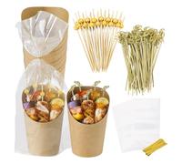 Sirseon Charcuterie Cups with Bags | Paper French Fry Cups with Sticks, Bags - 50 Cups + 50 Bags + 200 Picks, Popcorn Boxes for Waffle Chips