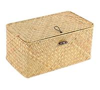 Sirxlevcy Handmade Straw Woven Storage Basket with Lid Makeup Organizer Storage Box Seagrass Laundry Baskets Rattan Jewelry Box(S)