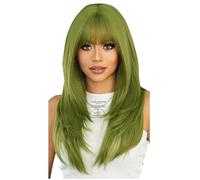 Sirxlevcy Wig Long Straight Green Synthetic Wig with Bangs Layered Straight Medium Long Anti-Heart Women Party Cospaly Wig, Easy to Use (24Inch)