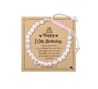 Sisadodo Happy Birthday Gifts for Girls Her Cute 10th Birthday Gifts for Daughter Granddaughter Christmas Bday Gift Bracelet with Message Card White Pink Pearl Adjustable Bracelets for Sister Niece