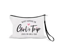 Sisadodo Travel Makeup Bag Organiser for Teenage Girls Funny Cosmetic Storage Bag for Holidays Trips What Happens on Girl's Trip Print Toiletry Organiser Pouch for Women Girl with Anti Loss Strap