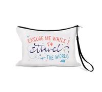 Sisadodo World Travel Makeup Storage Bag for Holiday Trip Excuse Me While I Travel The World Print Funny Cosmetic Pouch for Teen Girl Portable Toiletry Organiser Bag for Women Men with Anti Loss Strap