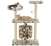 Sisal Cat Scratching Post, 95 cm, Beige with Paw Pattern, Multi-Level Climbing Tree with Scratching Posts, Toy and Cave, Sturdy Scratching Furniture Playground for Indoor Cats for Climbing and