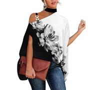 SISAY Ladies Off The Shoulder Tops Slash Neck Tops for Women Irregular Oversized Dolman Sleeve Tunics 3/4 Half Sleeve Batwing Blouse Vintage Print Cold Shoulder Halter Neck Sweatshirt