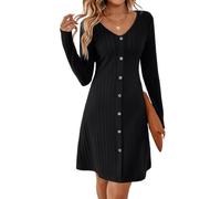 SISAY Womens Casual Autumn Winter Jumper Dresses Solid Color Vintage A Line Sweater Dress Long Sleeve Midi Swing Dress V Neck Button Down Sweaters Knitted Jumpers Fashion Streetwear