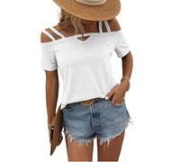 SISAY Women's Off Shoulder Tops Solid Color Short Sleeve Summer Boat Neck Pullover Sweatshirt Strappy Cold Shoulder T-Shirt Casual Loose Tunic Blouse Plain Shirt Fashion Streetwear