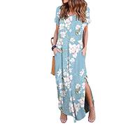SISAY Women's Summer Short Sleeve Loose Plain Maxi Dresses Casual Boho Chic Floral Striped Print Long Split Dress with Pocktets Tie Dye Kaftan Sundress Asymmetrical Hem Beach Holiday Wear Streetwear