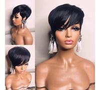 SisBroSis Short Wig for Black Women Glueless Short Layered Pixie Cut Wig with Bangs Natural Black 1B Machine Made to Wear and Take Away (1b)