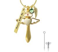 SISGEM 14ct Gold Cross Urn Necklace for Ashes 9ct/14ct/18ct Solid Gold Personalized Birthstone Urn Cremation Keepsake Necklace Jewellery for Women Grandma Ladies Nurse Her