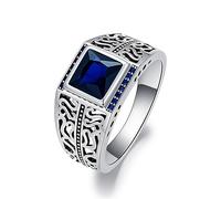 SISGEM 2ct Princess Cut Blue Sapphire Ring for Men 925 Sterling Silver Turkish Handmade Engraved Blue Sapphire Men's Ring Silver Oxide for Him Boyfriend Husband Size UK I-Z+6
