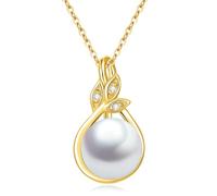 SISGEM 9 Carat Gold Leaf Pearl Necklace for Women,8mm Freshwater Cultured White Pearl Pendant Necklaces Jewlery Gifts for Her Wife Mom Present for Anniversary Birthday Mothers Day 16+1+1