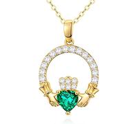 SISGEM 9 ct Gold Claddagh Necklace, Solid Yellow Gold Emerald Green Claddagh Pendant Necklace, for Women Girls Ladies Mum Sisters, 16"+1"+1"