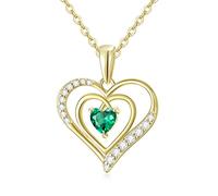 SISGEM 9 ct Gold Emerald Necklace, Solid Yellow Gold Mother and Daughter Necklace with Double Heart Pendant, for Women Girls Ladies Mum Sisters, 16"+1"+1"