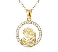 SISGEM 9 ct Gold Virgin Mary Necklace, Solid Yellow Gold Mother and Son Pendant Necklace, Miraculous Religious Jewellry for Men Boy Father Brother, 16"+1"+1"