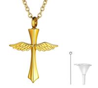 SISGEM Cross Urn Necklace for Ashes 9ct/14ct/18ct Solid Gold Personalized Cross Angel Wing Urn Cremation Necklace Keepsake Pendant Jewellery for Women Grandma Ladies Her