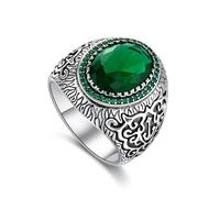 SISGEM Emerald Gemstone Ring S925 Sterling Silver Oval Emerald Gemstone Ring Men Vintage Pattern Handmade Emerald stone for Men Retro Vintage Cool Men's Jewellery for Men Boy Farther Him