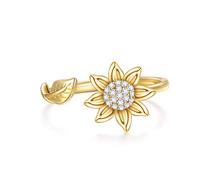 SISGEM Gold Sunflower Ring for Mum, 9 ct Solid Gold Flower Band Ring, Leaf Adjustable Ring, You are My Sunshine Rings, for Women Girls Sisters (Size L)