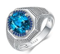 SISGEM London Blue Topaz Men's Ring S925 Sterling Silver 3CT 8 * 10MM London Blue Topaz Signet Ring Large Oval Shape Handmade Men's Silver Ring Luxury Jewellery Gifts Engagement Rings Size I-Z+6