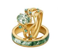 SISGEM Natural Moss Agate Couple Rings Set for Men & Women S925 Sterling Silver/9ct/14ct/18ct Gold Personalized Couple Moss Agate Ring Set Wedding Engagement Band Valentine’s Day Engraving (Style 1)