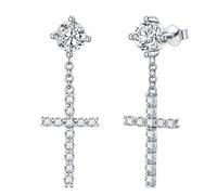 SISGEM s925 Silver Cross Dangle Earrings, 925 Sterling Silver Moissanite Cross Dangly Earrings, Lab-Created Crown Diamond Earring Studs, for Women Girls Ladies Mum Sisters