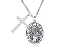 SISGEM S925 Silver Virgin Mary Medal with Moissanite Cross Pendant Necklace, 925 Sterling Silver Miraculous Medal Necklace for Women Ladies Mum Girls Boy, 18"+2"