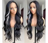 SISgrace Skunk Stripe Lace Front Wig Light Grey Skunk Stripe Synthetic Body Wave Wear and Go 33 x 4 x 1 T Part Lace 71.1 cm Pre Plucked Glueless Lace Wigs for Women