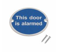 Sisi UK This Door Is Alarmed Sign 76mm Satin Aluminium Security Notice Disc Screen Printed With Fixing Screws