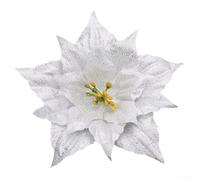 Sisinkal Glitter Christmas, Poinsettia Hanging - Flowers Xmas Tree Decoration Festive Holiday Ornament Party Decor Artificial Plant Floral Arrangement (Silver)