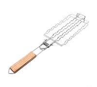 SiSinkal Hot Dog Grilling Basket with Lockable Mesh Clamp for Sausages, Heavy Duty Iron BBQ Rack with Wooden Handle, Secure Grill Accessory for Outdoor Picnic and Barbecue Parties