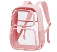 Sisipoet Heavy Duty Clear Backpack for School, Transparent Bookbag with PVC & Oxford Patchwork 17 Inch, Pink