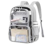 Sisipoet Heavy Duty Clear Backpack for School, Transparent Bookbag with PVC & Oxford Patchwork 17 Inch, Grey