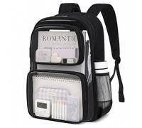 Sisipoet Heavy Duty Clear Backpack for School, Transparent Bookbag with PVC & Oxford Patchwork 17 Inch, Black
