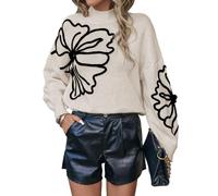 SISKIN Off The Shoulder Sweater for Women, Floral Pattern, Long Sleeve Tops, Apricot, S