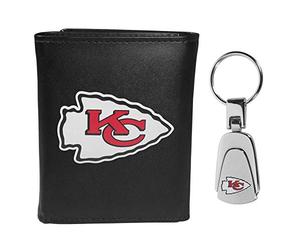 Siskiyou Sports NFL Kansas City Chiefs Mens Tri-fold Wallet & Steel Key Chain, Black, One Size