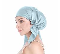 SissiLita 100% Silk Bonnet for Sleeping, Large Silk Sleep Cap with Tie Band for Curly Hair Care (Blue)