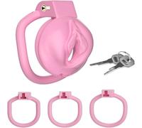 Sissy Chastity Cage Fake Woman Vagina Cock Cage Adults Flat Sissy Chastity Device 4 Cock Rings with Labia Fetish Pussy Plastic Chastity Cage Bondage Chastity Belt Adults Only Sex Toys (Pink)