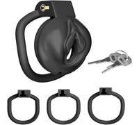 Sissy Chastity Cage Fake Woman Vagina Cock Cage Adults Flat Sissy Chastity Device 4 Cock Rings with Labia Fetish Pussy Plastic Chastity Cage Bondage Chastity Belt Adults Only Sex Toys (Black)