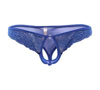 Sissy Lace Panties For Men Floral Mesh Open Front Thongs G-String Sexy Silk Lace Bikini Briefs Gay Underwear (Blue,M)