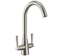 Sistaby Brushed Steel Kitchen Tap Monobloc Kitchen Sink Mixer Taps 1 Hole Dual Lever Swan Neck Brushed Nickel Stainless Steel Mixer Tap for Sink Classic Bar Taps 360° Swivel Spout