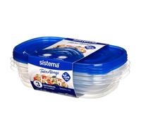 Sistema 950ml Rectangle Food Storage Containers, Clear with Blue Lid, Pack of 3