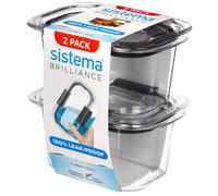 Sistema Brilliance Leakproof Food Storage Container, Stain and Odour Resistant, Microwave Steam Vents, 380 ml, BPA-Free, Black Clips, Clear/Grey, 2