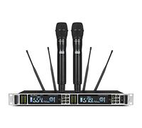 Sistema de micrófono inalámbrico UHF, doble canal con 2 micrófonos de mano de metal, frecuencia alternativa de 200 canales, distancia de trabajo de 500 pies, ideal para karaoke, reuniones, fiestas, iglesias, bodas