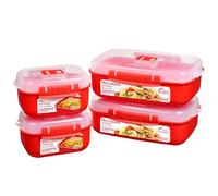 Sistema Heat and Eat Microwave Set. 1.25 L, 525 ml, Rectangular School Lunch Boxes with Steam Release Vents, BPA-Free, 4 Count, Red