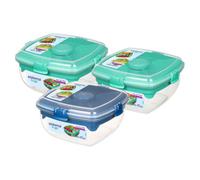 Sistema Salad Max To Go 1.63L - 3-Pack (2 Turquoise, 1 Blue) Clear Container With Divided Tray, Dressing Pot, Cutlery, Bpa-Free