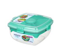 Sistema Salad Max To Go 1.63L - Clear Container With Turquoise Divided Tray & Clip, Dressing Pot, Cutlery Set, Bpa-Free