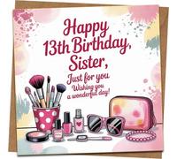 Sister 13th Birthday Card - Cute Makeup & Sunglasses Design - 145mm x 145mm Square - Includes Kraft Envelope - Teen Girl Birthday Greeting Card