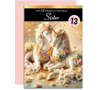 Sister 13th Birthday Card - Magical Unicorns Design - Happy Birthday Card for Age 13 Sister. A5 with Pink Envelope - Designed and Printed in the UK