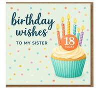 Sister 18th Birthday Card - Birthday Wishes To My Sister Cupcake with Candles, 18 Today, Confetti Dots - Cute Pastel Design