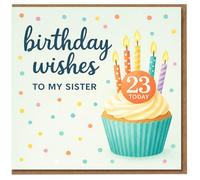 Sister 23rd Birthday Card - 'Birthday Wishes To My Sister' - Cupcake with Candles, Polka Dots - 23 Today