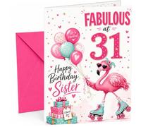 Sister 31st Birthday Card Flamingo on Roller Skates & Balloons | Large A5 Card with Printed Inside Message; Playful flamingo-on-roller-skates with colourful balloons for Sister 31st Birthday
